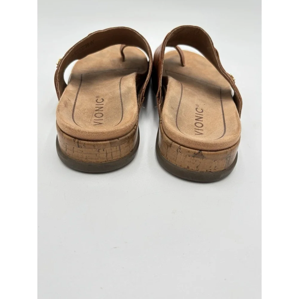 Vionic Cindy Nat Sandals Womens 8.5 Brown Leather Thong Slide Comfort Shoes
